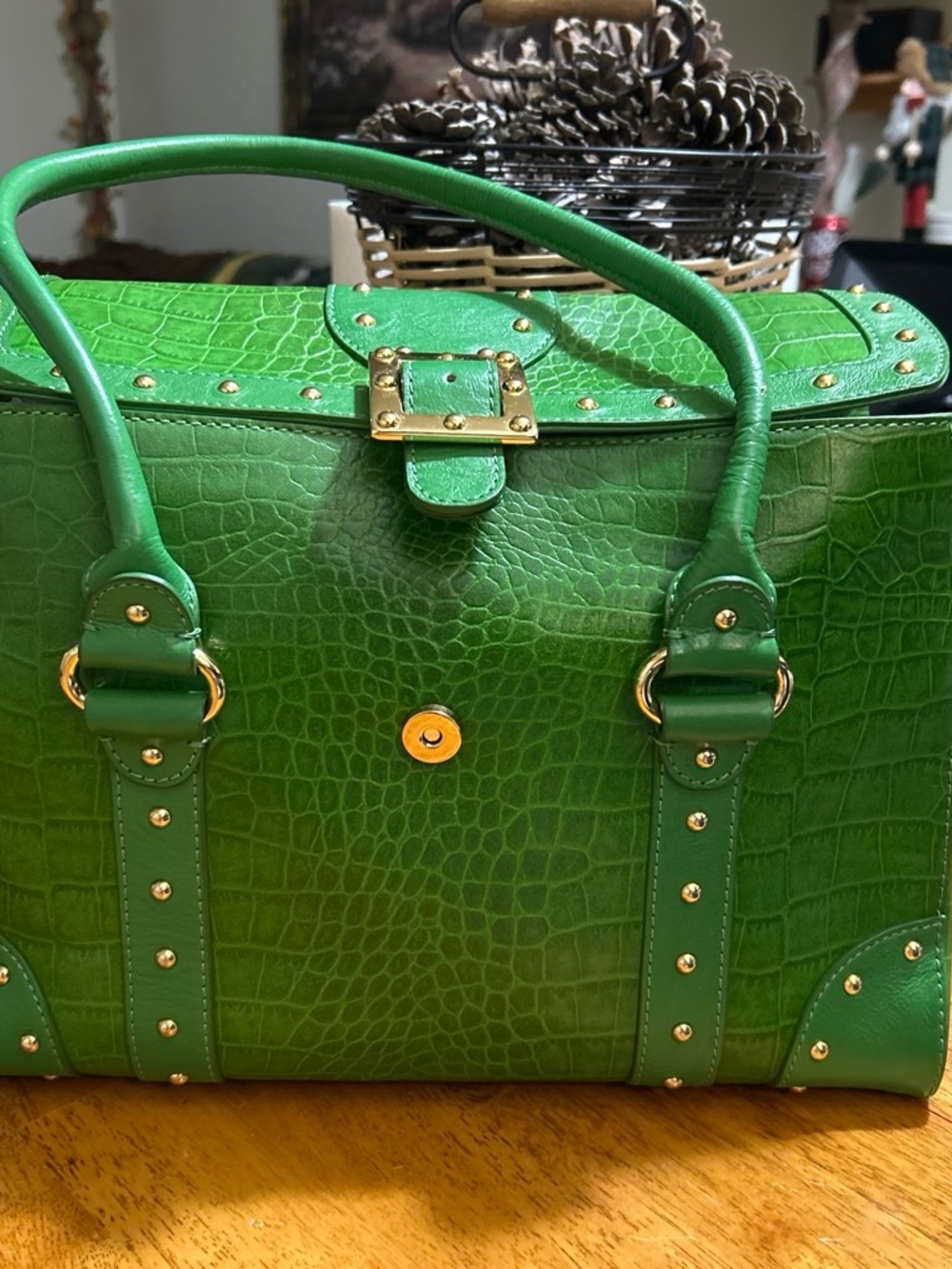Michael Kors Green Croc-Embossed Studded Satchel